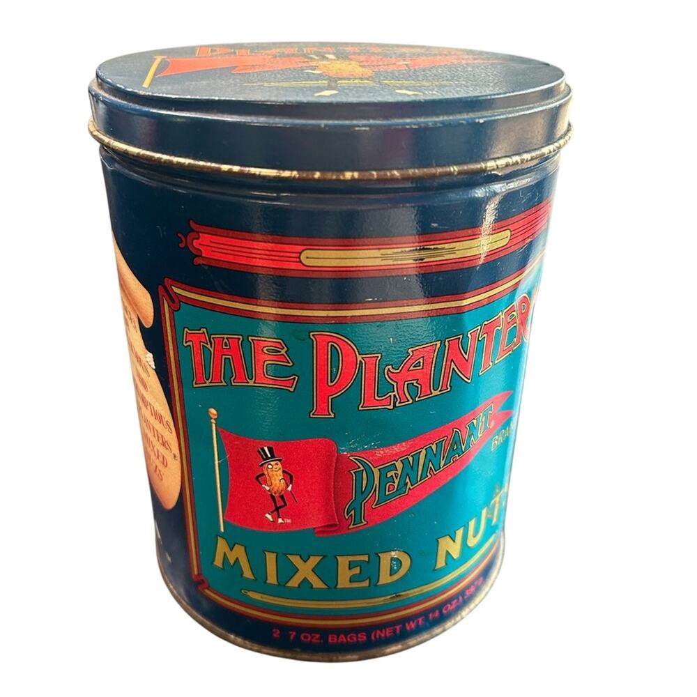 Blue Decorative Tin- Retro Mr. Peanut Planters- 6.75x5" Round Cylinder some wear